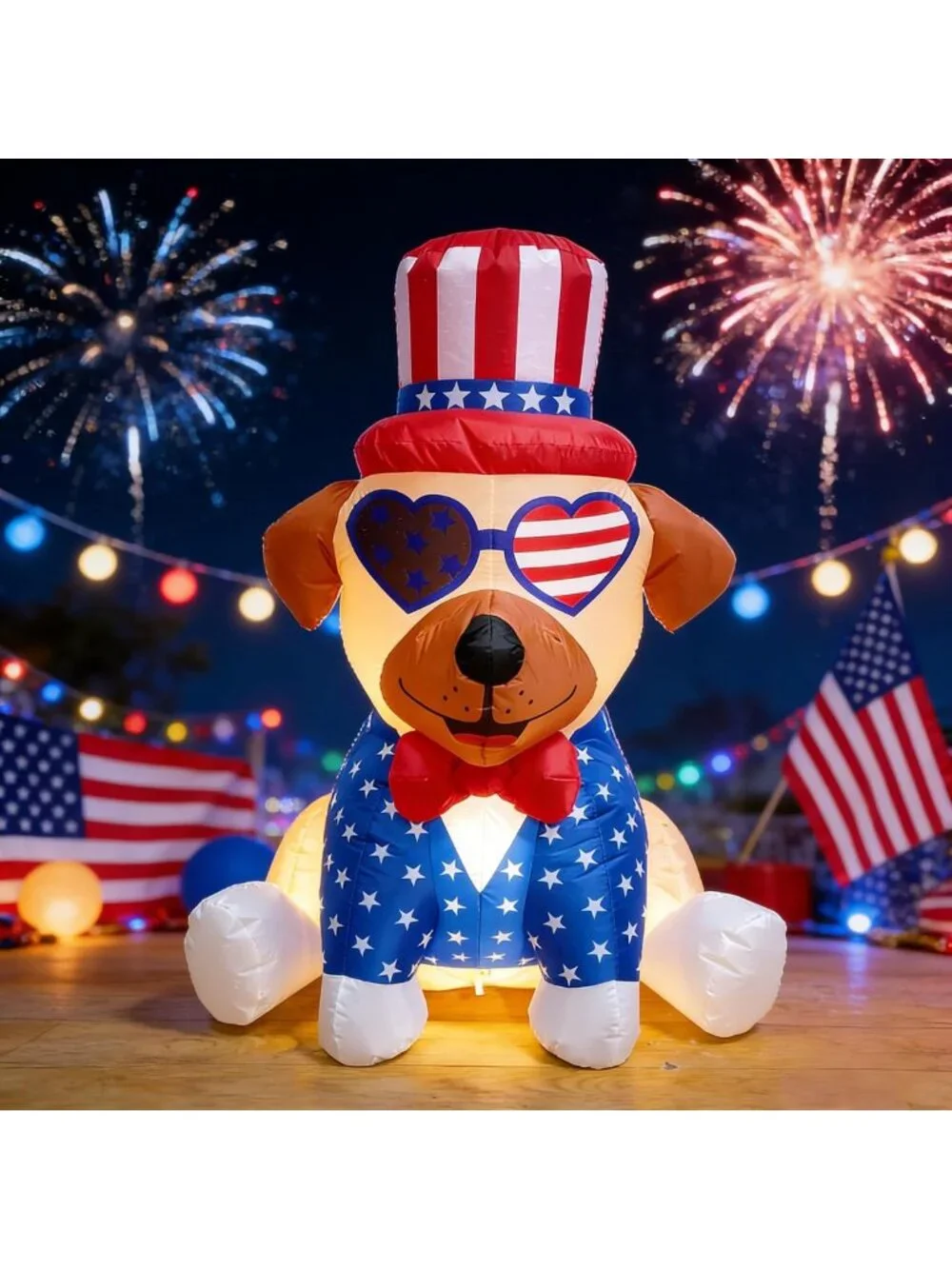 4FT Inflatable Patriotic Pug Decoration with LED Lights for 4th of July Yard